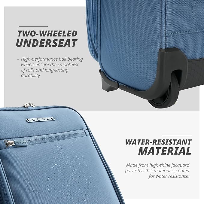 Verage Carry On Underseat Luggage with 2 Wheels & USB Port, 16 Inch Coast Blue Wheeled Spinner Bag Carry-on Luggages for Airlines, Lightweight Suitcase Men Women, Pilots and Crew