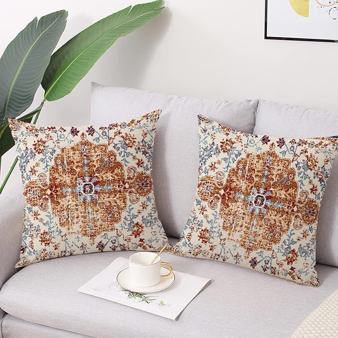 Outdoor Waterproof Pillow Covers - 20x20 Inch Set of 2 Bohemian Vintage Carpet Pattern Pillow Covers in Brown and Blue Ethnic Design for Decorative Farmhouse, Couch, Garden, Balcony