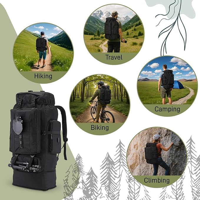 100L Hiking Backpack Tactical Military Molle Rucksack with USB Charging Port - Large Capacity Men Women Camping Gear for Backpacking, Trekking, Climbing, Outdoor Travel (Black)
