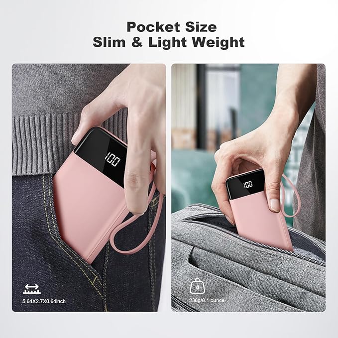 Power Bank 10000mAh Portable Charger with 4 Built-in Cables, Type-C in & Out Phone Charger, External Battery Charger Pack & Travel Essential for iPhone 16/15/14, Samsung, iPad, Android