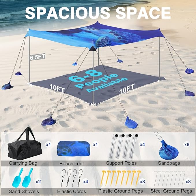 Rhino Valley Beach Tent Shade Canopy UPF50+ Protection, 8 Sandbags, 4 Stability Poles, Outdoor Sun Shelter Umbrella for Sand, Camping, Fishing Essentials
