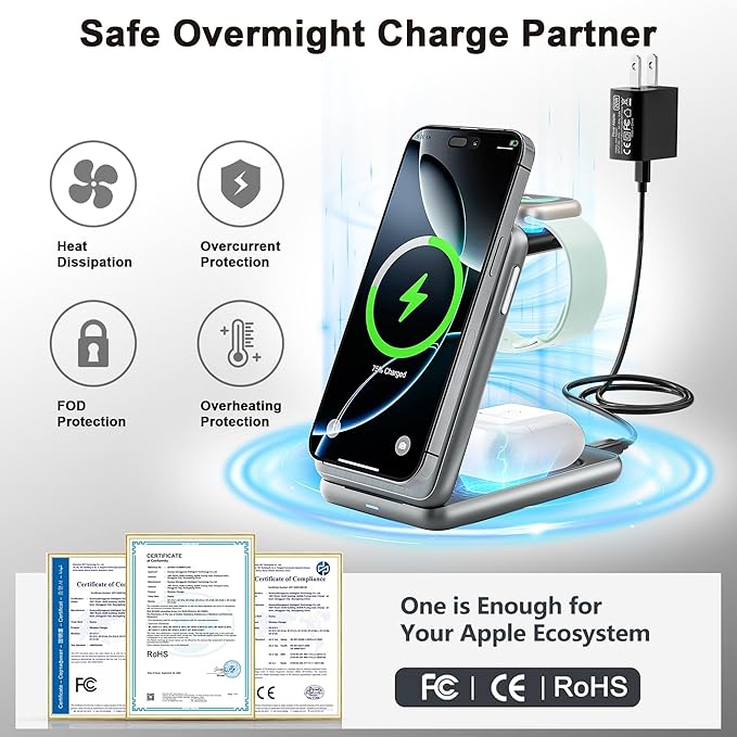 3 in 1 Charging Station, Compatible with MagSafe Charger, Qi2 Certified 15W Foldable & Travel Magnetic Wireless Charger for iPhone 17/16/15/14/13/12, Apple Watch,AirPods (20W Adapter)