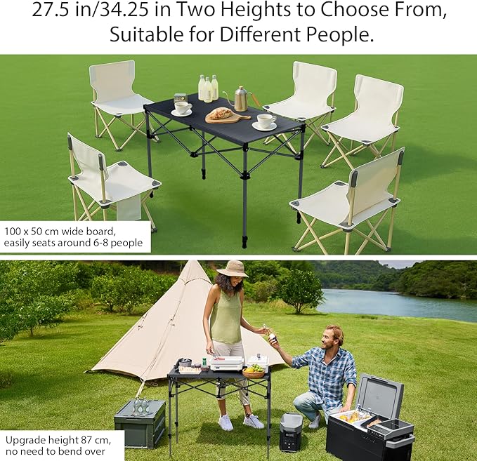 Camping Table Foldable, 2 Adjustable Height 34.2”, Large Roll Up Camping Table Support 264lbs with Storage Basket and Bag, Aluminum Outdoor Table, for Picnic Travel BBQ, 39.4” x 19.7”, Black