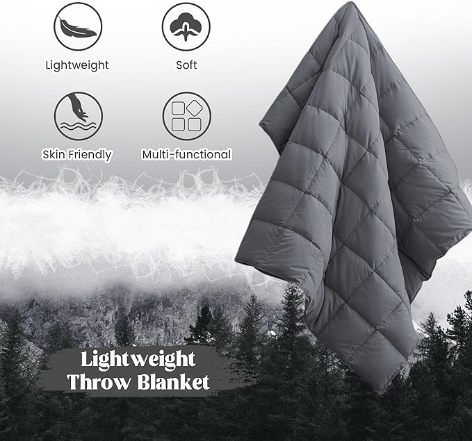 puredown® Upgraded Feather Down Throw Blanket – 12oz Enhanced Filling for Better Warmth & Comfort, Lightweight & Packable, 50" x 70", Gray