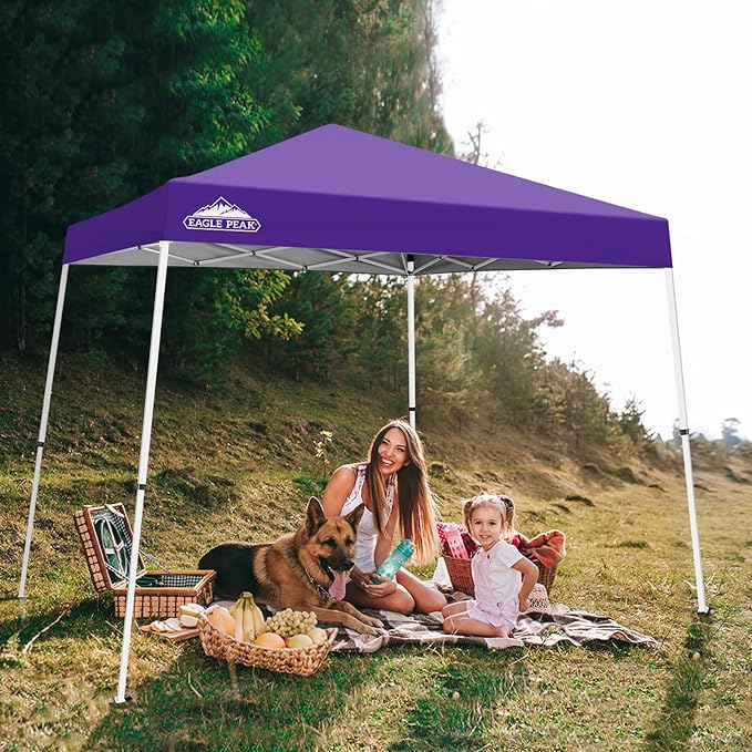 EAGLE PEAK 10x10 Slant Leg Pop-up Canopy Tent Easy One Person Setup Instant Outdoor Beach Canopy Folding Portable Sports Shelter 10x10 Base 8x8 Top (Purple)