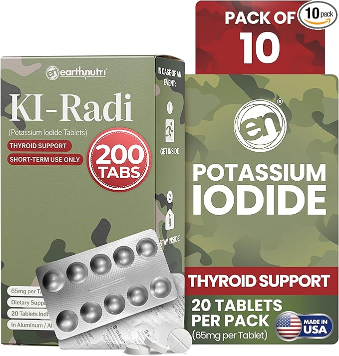 EarthNutri KI-Radi™ Potassium Iodide Tablets 65 mg – High Potency Iodine Supplement for Thyroid Support, Emergency Preparedness – Potassium Supplement in Foil-Foil Blister Seal – 200 Tablets (10 Pack)