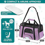PetAmi Airline Approved Pet Carrier for Cats & Small Dogs, Soft Sided TSA Travel Carrier Bag with Sherpa Bed, Breathable Mesh Ventilation, Collapsible Bowl, Up to 18 lbs, Large Heather Purple