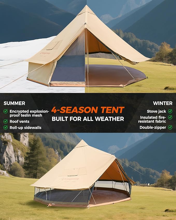 KingCamp Canvas Bell Yurt Tents, 4 Seasons Large Waterproof & Windproof Luxury Glamping Tent w/Stove Jack for Family Outdoor Camping, Hunting, Parties