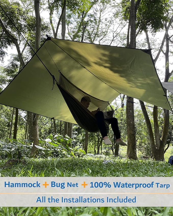 Sunyear Hammock Camping with Rain Fly Tarp and Net, Portable Camping Hammock Double Tree Hammock Outdoor Indoor Backpacking Travel & Survival, 2 Tree Straps,100% Waterproof