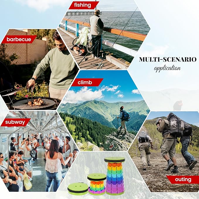 2 Pack Upgraded Collapsible Stool Folding Stool with Cushion,Retractable Folding Stool Max Load Capacity 400lbs, Portable Telescoping Stools for Camping Hiking Outdoor BBQ -Rainbow-Green