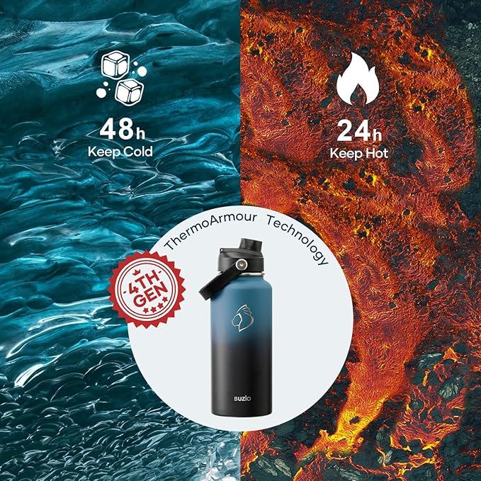 BUZIO Water Bottle with Straw Lid and Flex Cap, 32oz Modern Double Vacuum Stainless Steel Water Flask, Cold for 48 Hrs Hot for 24 Hrs Simple Thermo Canteen Mug, Indigo Black