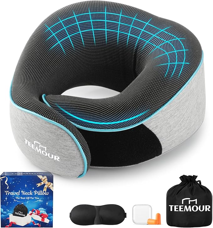 Upgraded Neck Pillow for Airplane Travel - 360° Support Gifts for Women/Men/Mom/Dad, Memory Foam Travel Pillow With Eye Mask & Earplugs, Portable Carry Bag for Long Flights| Best Airplane Accessories
