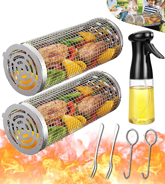 Rolling Grilling Baskets for Outdoor Grill Bbq Net Tube Large Roatating Circular Vegie Baskeys for Charcoal Flat Top Cooking Basket Gadgets for Grillbaskets Griller Gift for Men from Wife Girlfriend