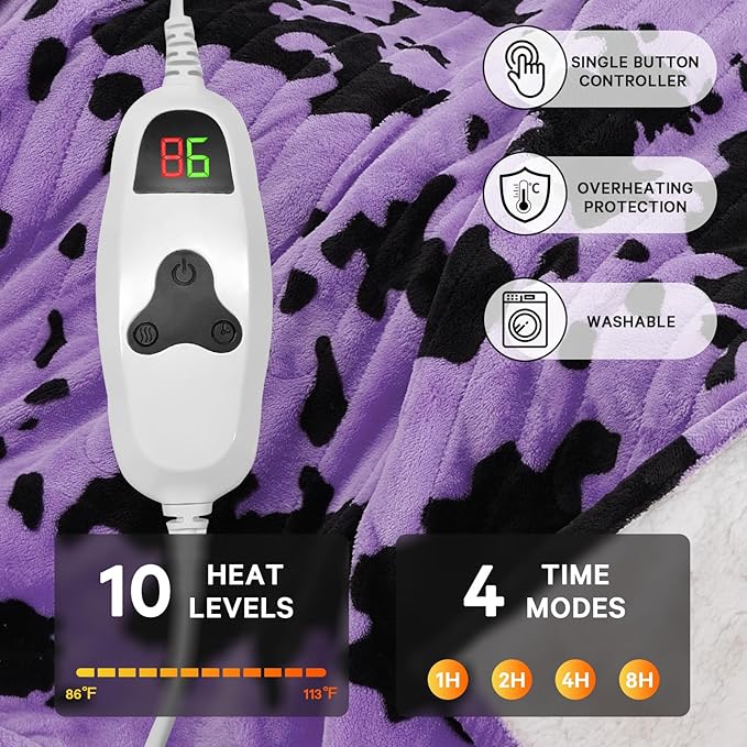 Purple Heated Electric Blanket Throw,50X60 Highland Cow Print Heating Blanket with 10 Heats Levels & 8 Hours Auto Off,Highland Cow Decor Fleece Sherpa Blankets Warmer Gifts for Women Adults Washable