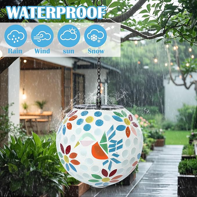 Solar Lanterns Outdoor Hanging Solar Mosaic Hummingbird Lantern Outdoor Waterproof Lanterns Decorative Garden Patio Yard Party Decor Multi