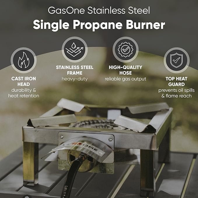 GasOne Stainless Steel Single Propane Burner - Outdoor Cooking with Heat Shield and Guard – Propane Burner Head for Camping, Tailgating, Seafood Boil, Home Brewing - Patent Pending
