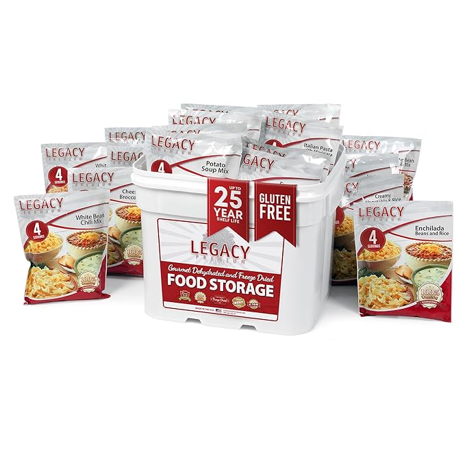 Legacy Food Storage Gluten Free 120 Serving Bucket, Emergency Food Supply, 46,200 Total Calories, 120 Large Servings, Shelf Stable Lunch & Dinner Entrees, Freeze Dried Survival Meals for MRE Camping, Hiking, & Backpacking