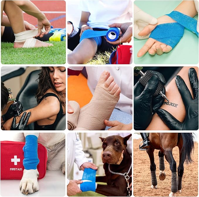 12 Bulk Pack Cohesive Tape, Self Adherent Wrap 2 Inches X 5 Yards - Self Adhesive Bandage Medical Vet Wrap for First Aid, Sports Protection and Wrist, Ankle Sprains & Swelling