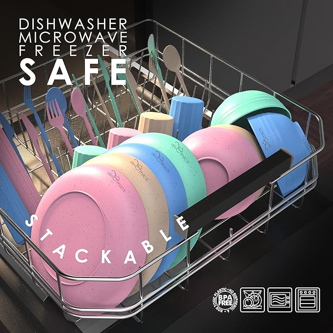 WheatStraw Dinnerware Sets for 4 - Alternate To Plastic Dishes - Dishwasher Safe Microwave Plates - Unbreakable Dinnerware Set - Wheat Straw Dishes - Lightweight Camping Plates & RV Dishes