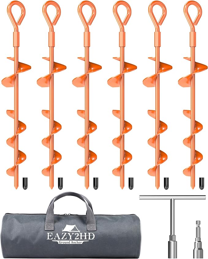 Eazy2hD 6 Pack Tent Stakes Heavy Duty, 15 Inch Ground Anchors Screw in, Metal High Winds Trampoline Stake with Nut and Tool, Spiral Anchor Kit for Camping, Shed, Swing Set, Canopy, Car Ports