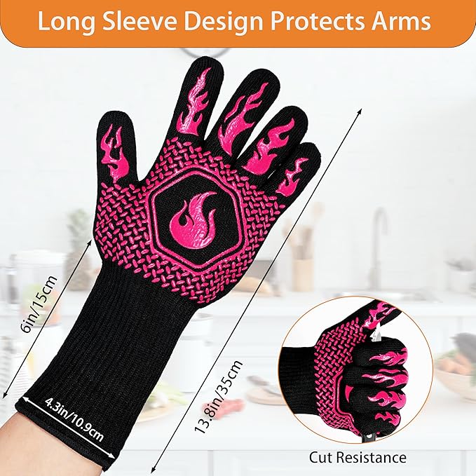 BBQ Fireproof Gloves, Grill Cut-Resistant Gloves 1472°F Heat Resistant Gloves, Non-Slip Silicone Oven Gloves, Kitchen Safe Cooking Gloves for Oven Mitts,Barbecue,Cooking, Frying,13.5 Inch-Rose Pink