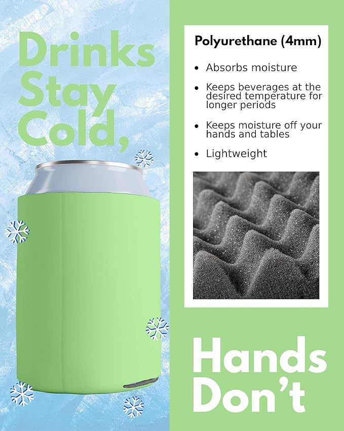 PartyPrints 100 Pack Pistachio Blank Can Cooler Sleeves, Customizable Bulk Insulated Foam for Beer, Collapsible Plain Drink Holder, Cold Soda Insulator, 12oz Regular, 16oz Tall Cans
