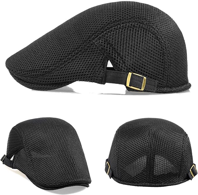 2 Pack Men's Mesh Cap Breathable Summer Newsboy Hat Adjustable Beret Ivy Cap Irish Cabbie Driving Hunting Hats