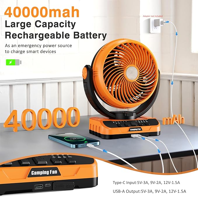 40000mAh Battery Operated Camping Fan - 136H Max Cooling, Rechargeable Battery Powered Oscillating Floor Fan with Charger, Remote & Hook, Portable for Tent Outdoor Patio Garage Hurricane Power Outage