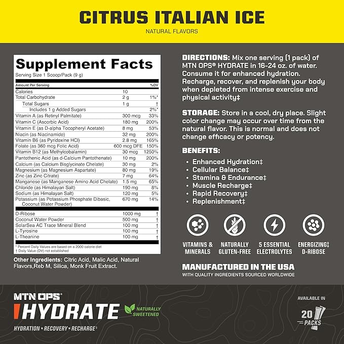 MTN OPS Hydrate Electrolytes Powder Drink Mix, Naturally Sweetened with Monk Fruit, Gluten Free 20 Single Serving On-The-Go Electrolyte Packs, Citrus Italian Ice
