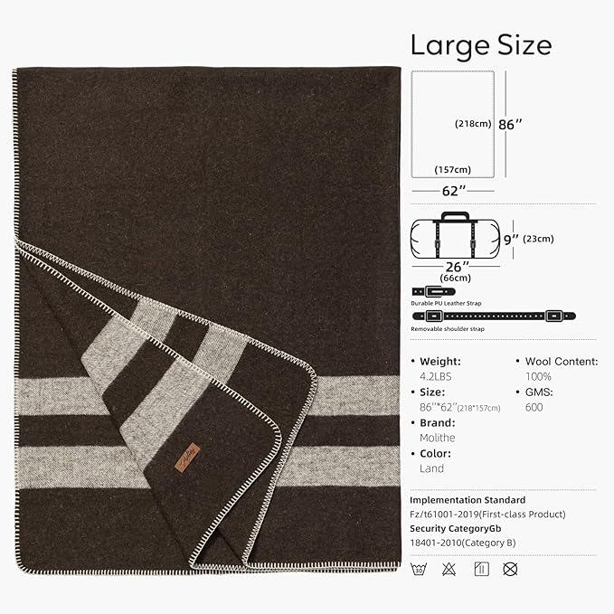 100% Wool Blanket, 62" x 86", Warm, Thick, Washable, Military Wool Blanket, Great for Camping, Outdoors, Sporting Events, Survival Kits