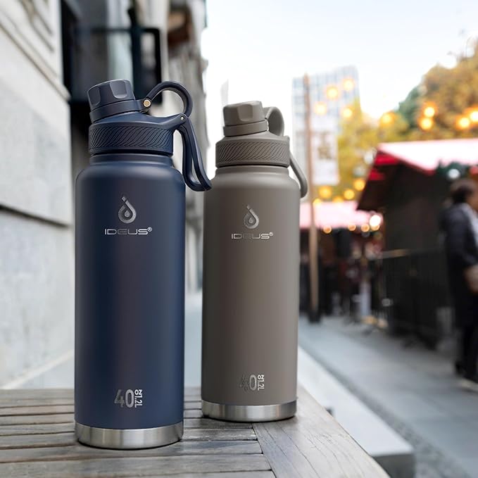 IDEUS Insulated Stainless Steel Water Bottle with 2 Leak-Proof Lids, Thermal Water Flask for Hiking Biking, 40oz, Celadon