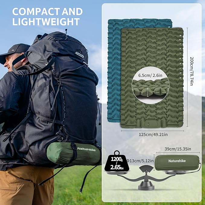 Naturehike Double Camping Sleeping Pad, Ultralight Inflatable Sleeping Mat with Pillow Built-in Pump, 2.6 Inch Lightweight Air Mattress for Backpacking, Hiking, Traveling