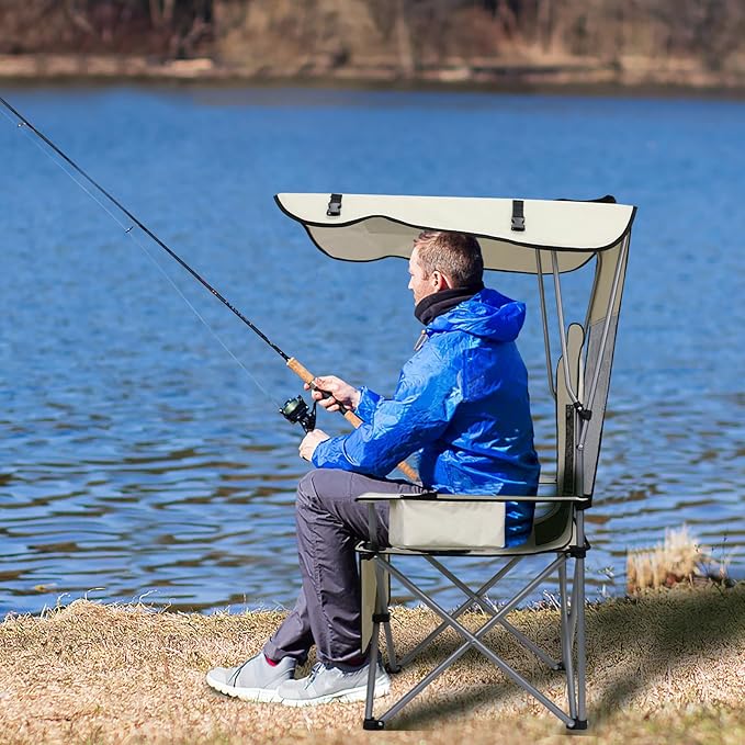 PLKO Camping Chairs with Canopy, Portable Quad Lawn Chair for Adults, Folding Recliner Chair with Cup Holder Outdoor Events and Shade- Support 330 LBS