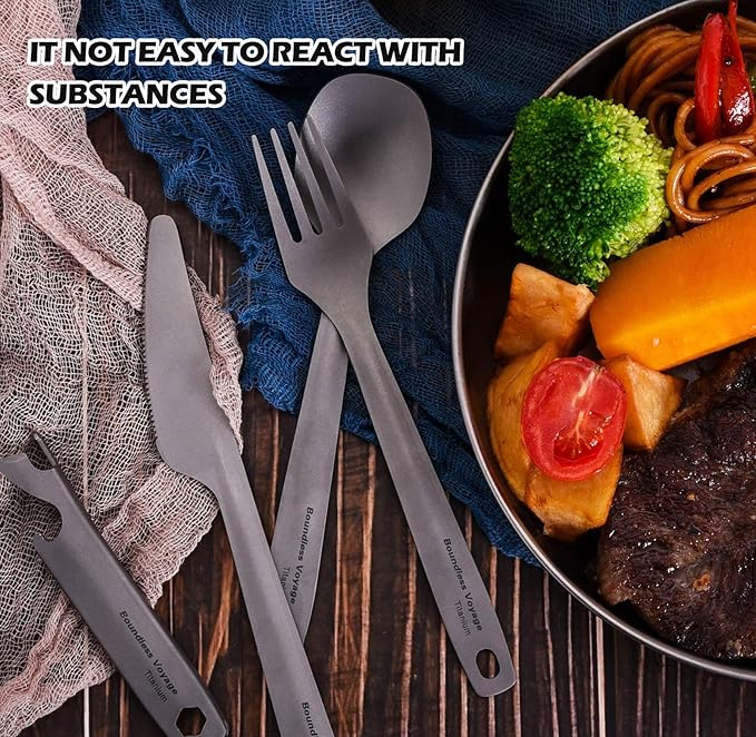 Boundless Voyage Utility Cutlery Set Titanium Spoon Fork Knife & Bottle Opener for Travel Camping in Easy to Store Cloth Case Ti1066T