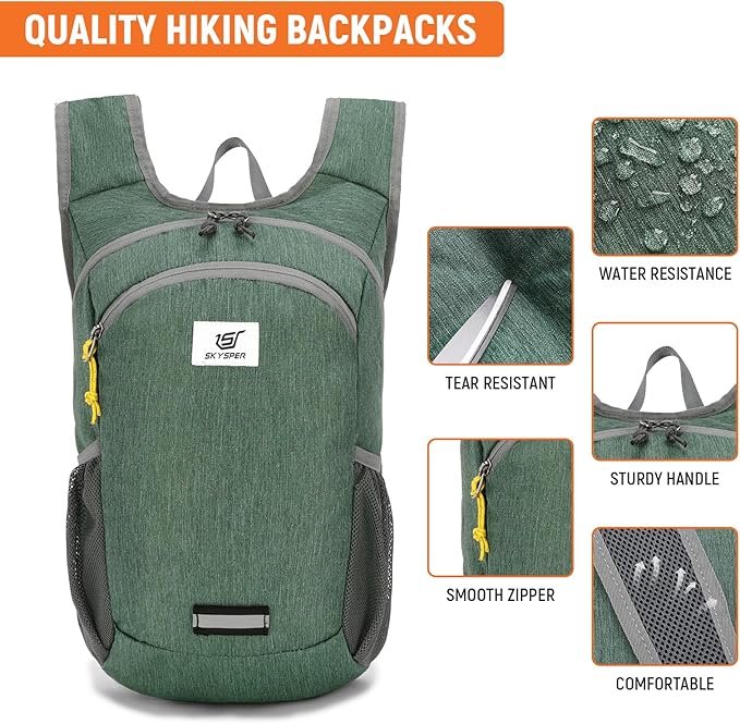 SKYSPER 10L Hiking Backpack, Foldable & Packable Lightweight Daypack for Travel, Collapsible Small Compact Hiking Backpack for Women & Men, Green