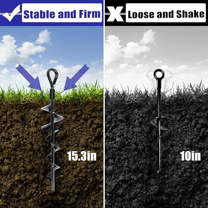 Eazy2hD 6 Pack Tent Stakes Heavy Duty, 15 Inch Ground Anchors Screw in, Metal High Winds Trampoline Stake with Nut and Tool, Spiral Anchor Kit for Camping, Swing Set, Mobile Home, Car Ports