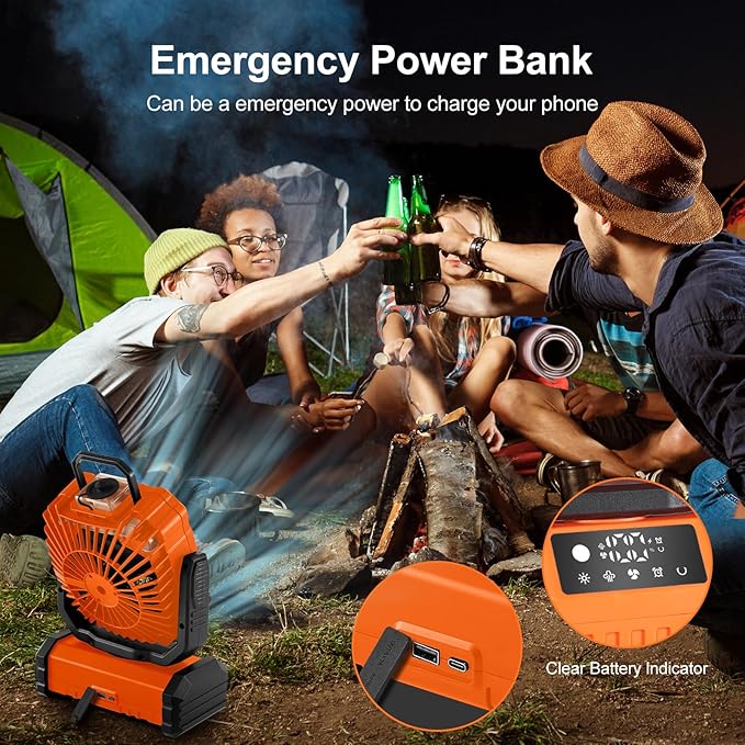 Odoland Portable Misting Fan with Light, 30000mAh Rechargeable Battery Camping Fan with 2 Spray Mister, Outdoors Tent Ventilador with Remote and Hook for Indoor Cooling Hiking Patio, Orange