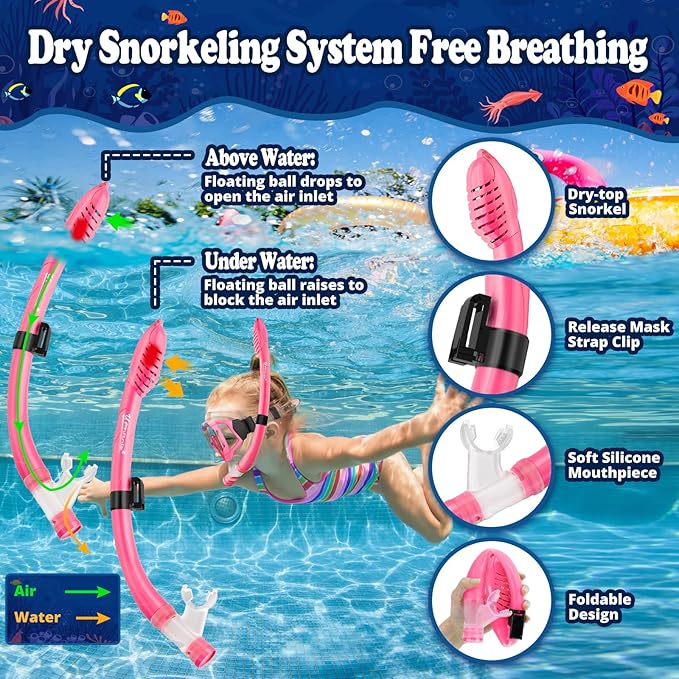 U PHITNIS Kids Snorkel Set for Age 4-14 - Dry Top Snorkeling Gear for Kids Junior & Youth - Childs Diving Mask with Big Eyes for Boys Girls - Anti-Fog Snorkeling Mask and Snorkel Set