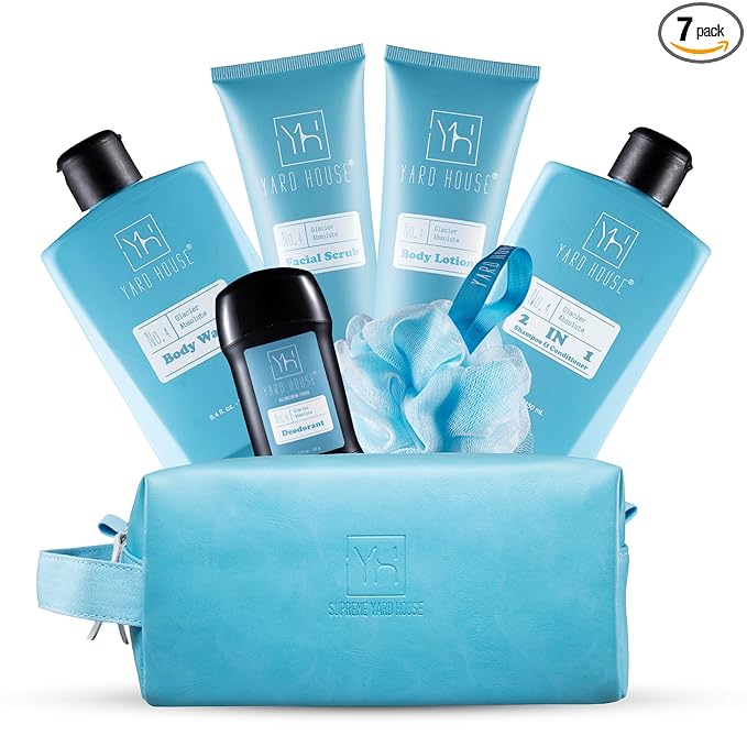 Yard House Bath and Body Mens Gift Set - Glacier Absolute - Premium Fathers Day Birthday Christmas Gifts Ideas For Him - Skin Care Kits For Men in Leather Toiletry Bag w. Full Size Items