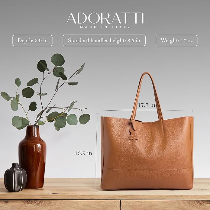 Italian Leather Tote Bag for Women - Large Shoulder Shopper, Fits 16” Laptop, Keychain Holder, Made in Italy