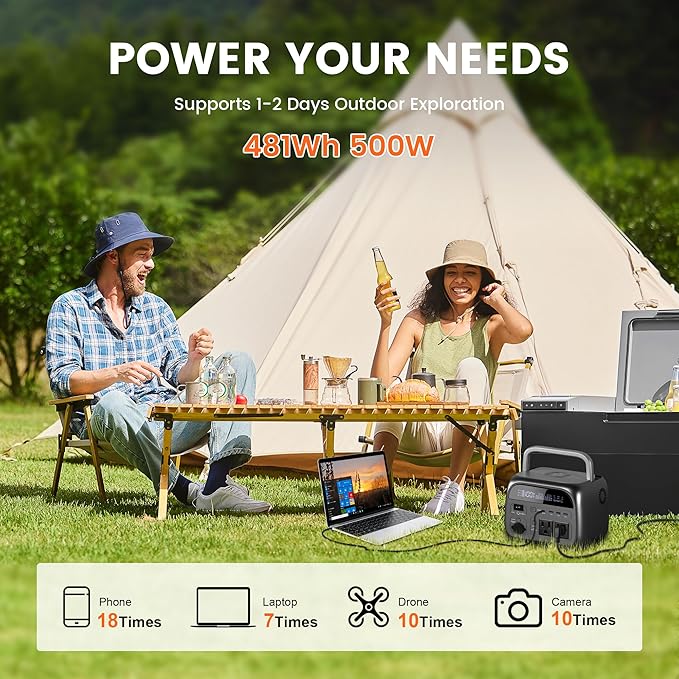 Portable Power Station 481Wh - Solar Generator with 500W AC Output for Home Use Camping RVs Travel Emergencies