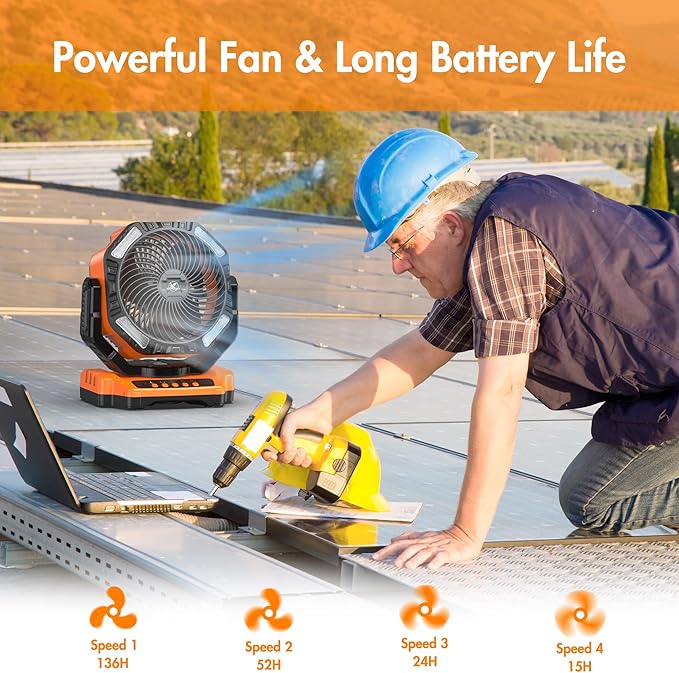 40000mAh Battery Powered Camping Fan - 136H Max Cooling, Rechargeable Battery Operated Oscillating Floor Fan with Charger, Remote & Hook, Portable for Tent Outdoor Patio Garage Hurricane Power Outage