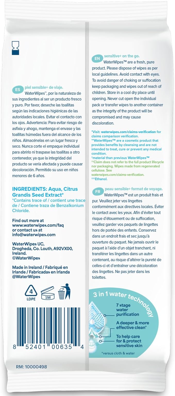 WaterWipes Sensitive+ On The Go Wipes, 3-In-1 Cleans, Cares, Protects, 99.9% Water, Unscented & Hypoallergenic Wet Wipes, 28 Count (Pack of 1)