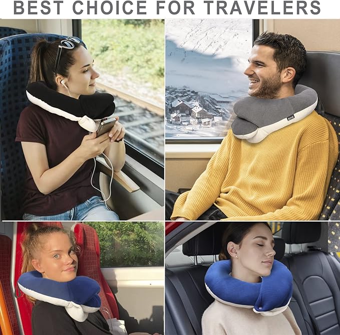 BUYUE Travel Neck Pillows for Airplanes, Memory Foam 360° Head Support Sleep for Long Flight, Skin-Friendly & Breathable, Kit with Eye Mask, Earplugs and Storage Bag (Adult, Navy, 90+ lbs)