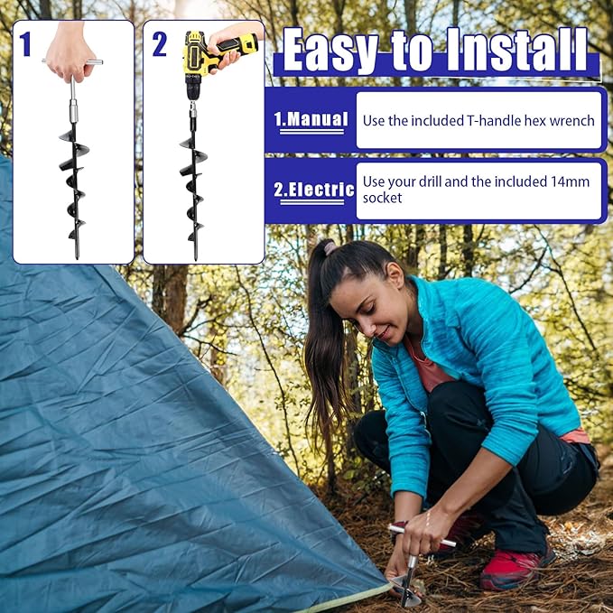 Eazy2hD 6 Pack Tent Stakes Heavy Duty, 15 Inch Ground Anchors Screw in, Metal High Winds Trampoline Stake with Nut and Tool, Spiral Anchor Kit for Camping, Swing Set, Mobile Home, Car Ports