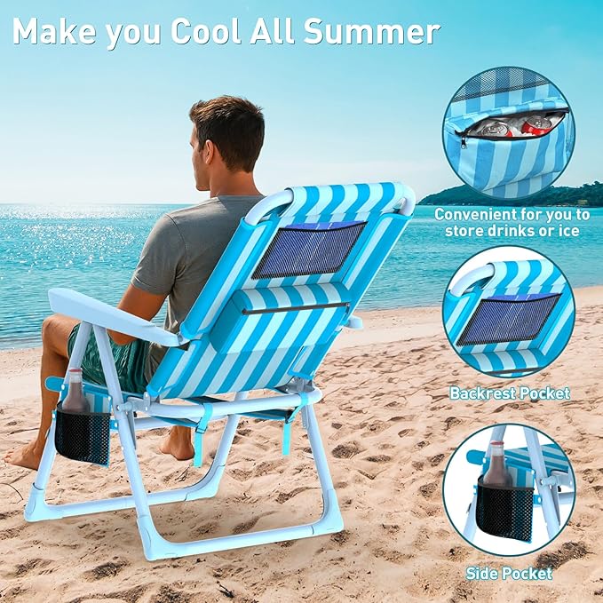 Suteck Backpack Beach Chair, 6-Positions Beach Chairs for Adults with Cooler Bag, Reclining Beach Chair with Cup Holder Folding Camping Chair for Sand Outdoor