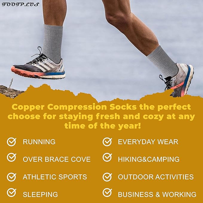 FOOTPLUS Hiking Copper Compression Socks,Unisex Cushioned Sole Arch Support Athletic Crew Running Socks