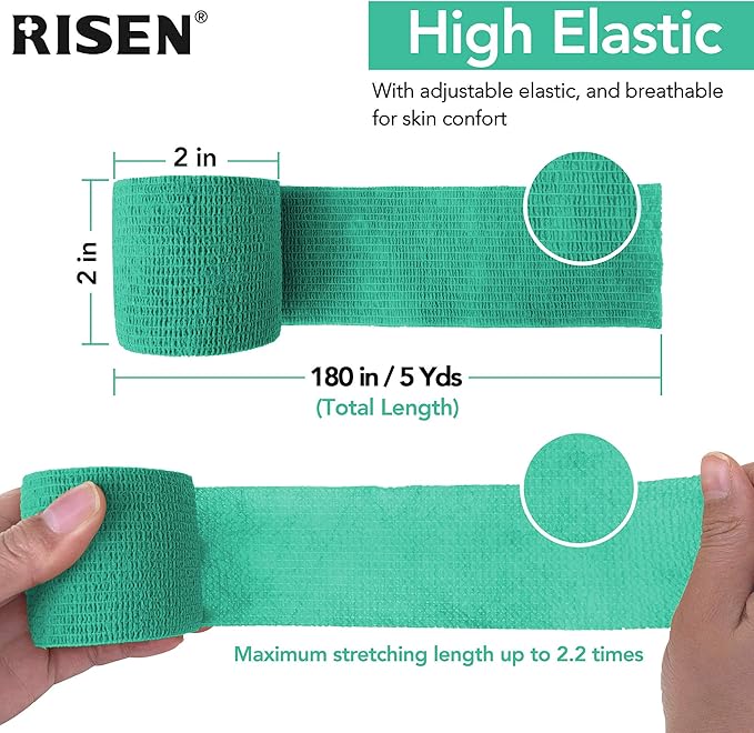 RISEN Cohesive Bandage 2” x 5 Yards, 6 Rolls, Self Adherent Wrap Medical Tape, Adhesive Flexible Breathable First Aid Gauze Ideal for Stretch Athletic