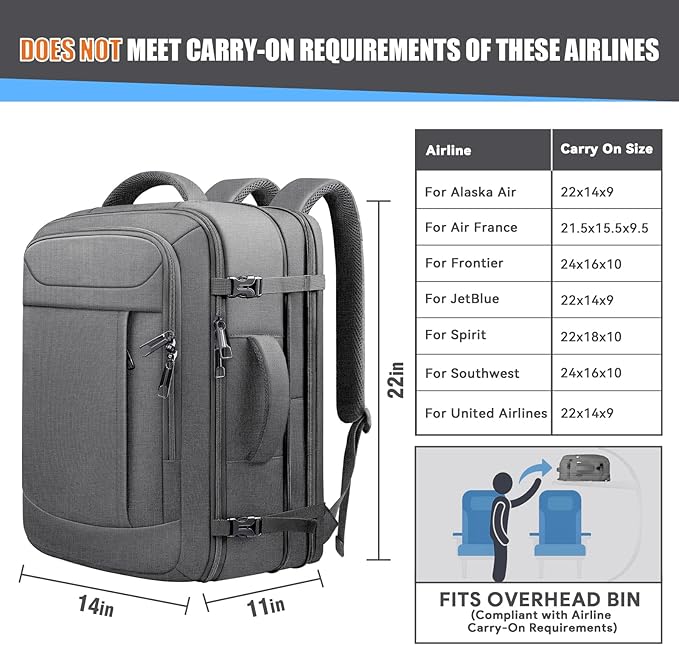 55L Travel Backpack, Carry On Backpack, Expandable 50L - 60L Anti-Theft TSA Flight Approved Large Laptop Bag, Sturdy 18.4 Inch Lightweight Water Resistant Business Bag for Men, Grey