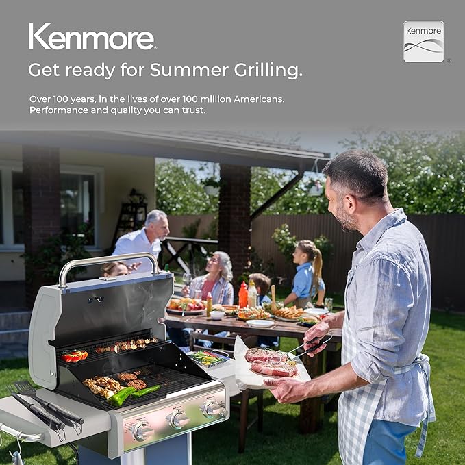 Kenmore 3-Burner Propane BBQ Grill, 30,000 BTUs Gas Grill with Cast Iron Cooking Grates, Folding Side Tables & Wheels, Outdoor Grill with Tool Hooks, Azure Blue + Bonus Cover